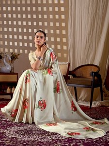 Wholesale Elegant Cream Ivory <b>Saree</b> Luxury Soft Satin Silk <b>Red</b> Floral Printed Indian Traditional Wear Women Party Sari Contrast - Product Image 1