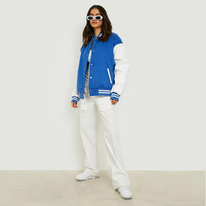 Veste universitaire bleue pour femme, manches longues, col boutonné contrastant, tenue d'automne, longueur normale, motif uni, tissu tissé - Product Image 6