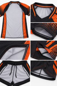 Maillot de football personnalisé sublimé noir et orange pour homme, col en V, manches courtes, en mesh respirant, toutes saisons - Product Image 6
