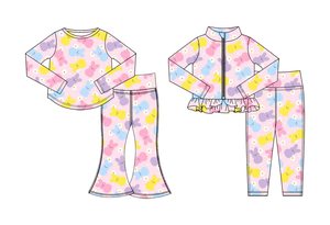 Ensemble haut à manches longues et pantalon évasé pour enfants, imprimé lapin et fleurs colorées, OEM/ODM, tenue de Pâques adorable pour tout-petits - Product Image 2