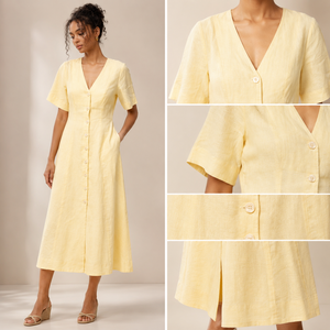 เดรสยาวผ้าฝ้ายสีเหลืองคุณภาพสูงสำหรับผู้หญิง แขนสั้น ติดกระดุม สไตล์ลำลอง ทรงเอวเข้ารูป วินเทจ มีกระเป๋า เหมาะสำหรับใส่ไปเที่ยวทะเลในฤดูร้อน - Product Image 3