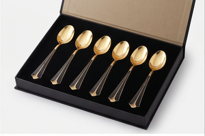 Gold Plated <b>Tea</b> Spoons <b>Set</b> Mirror Gold Finish With Black Enamel Tapered Art Deco Handle Luxury Design For Wedding And Restaurant - Product Image 4