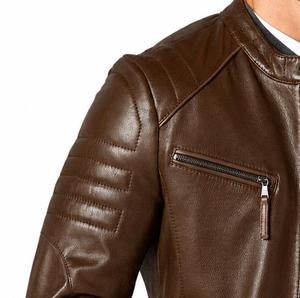 Unisex <b>Brown</b> Genuine <b>Leather</b> Waterproof High Street Moto <b>Jacket</b> Stand Collar Zipper Closure Slim Fit Autumn Style Solid Color - Product Image 6