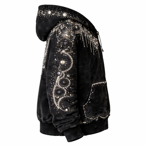 Luxury Rhinestone Zip Hoodie Heavy Crystal <b>Studded</b> Black Streetwear Premium Vintage Winter Oversized - Product Image 4