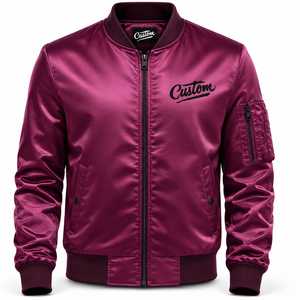 Custom <b>Men's</b> Burgundy Satin Stand Bomber Jacket Embroidered Front Logo <b>Pullover</b> Closure Casual Windproof Winter Streetwear - Product Image 3