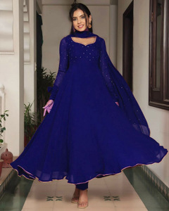 Vestido Anarkali Azul con Dupatta, Traje Tradicional Indio, Vestido Largo de Georgette para Bodas y Fiestas, Corte Regular para Mujer, Estampado Digital - Product Image 1