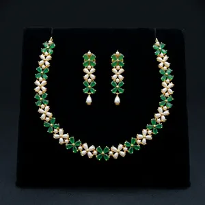 Indian Imitation <b>Pearl</b> Zircon <b>Necklace</b> Earring <b>Set</b> Wholesale for Women Gold Plated Copper Alloy Luxury Statement Wedding Fashion - Product Image 2
