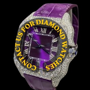 Montre pour homme personnalisée à cadran carré en verre avec chiffres romains, bracelet en cuir violet et diamants Moissanite – Nouveauté très prisée - Product Image 4