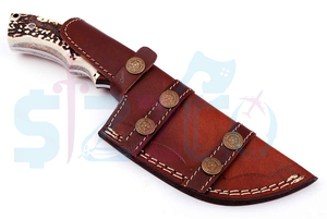 Magnifique couteau tracker artisanal en acier Damas avec manche en bois de cerf - Couteau de chasse et de survie à lame fixe - Étui de transport horizontal - Product Image 6