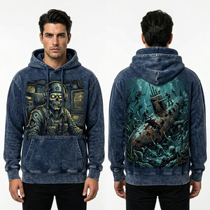 Sweat à capuche personnalisé bleu marine délavé pour homme, imprimé graphique Deep Sea Zombie, style streetwear vintage, en molleton de coton épais - Product Image 1
