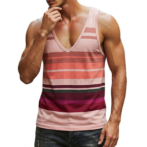 Custom <b>Logo</b> Men's Striped Tank Top Deep V-Neck Sleeveless Muscle Tee Wholesale Price Slim Fit Soft Cotton Casual Beach Tank Tops - Product Image 1