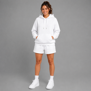 Women's White Hooded Sweatshirt Shorts <b>Set</b> Cotton Fleece Casual Loose Fit Drawstring Pocket Spring Summer Wear - Product Image 1