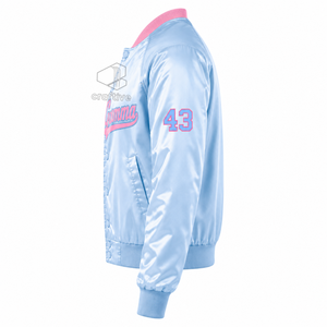 Chaqueta Universitaria Gamma Phi Delta para Mujer, Color Rosa y Azul Claro, Satén en Contraste, Cierre de Botones a Presión, Cuello y Puños de Punto Acanalado - Product Image 3