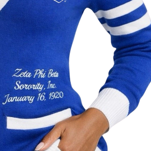 Cardigan en chenille bleu Zeta Phi Beta pour femme, pull décontracté à boutons avec lettres grecques, style sororité, en maille - Product Image 4