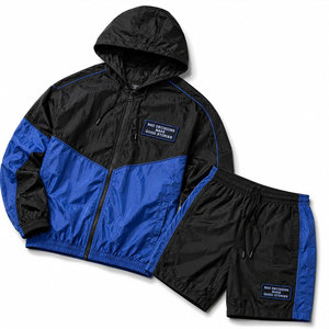 <b>Men's</b> Hooded Track <b>Jacket</b> And Shorts Set Black Blue Color Blocking Casual Sporty Style Quick Dry Polyester Spring Wear - Product Image 1