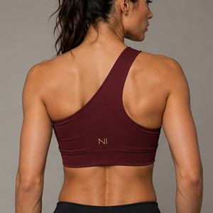 Burgundy Sports Bra With Gold Foil Logo Front Letter Pattern Medium Support Yoga Fitness Seamless Breathable Design - Product Image 5