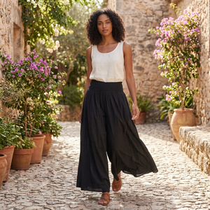 Pantalon Harem Noir Élastique Taille Haute pour Femme, Coupe Ample Jambe Large, Longueur Cheville, Style Bohème Uni, Coton Écologique d'Été - Product Image 1
