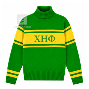 Logo brodé personnalisé Chi Eta Phi sur le devant, col roulé, rayures vertes et jaunes, pour vêtements grecs féminins. - Product Image 1