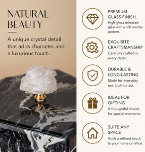 Black Marble Glass Jewelry Storage Box with Crystal Stone Knob Glossy Finish Soft Lining Decorative Keepsake Organizer - Product Image 2