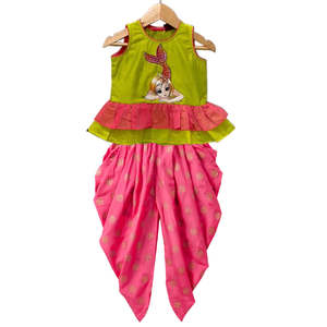 Twisha Xpressions – haut sans manches en coton imprimé pour filles de 0 à 6 mois, Dhoti Lime Green Coral, vêtements ethniques décontractés d'été, élégants - Product Image 1