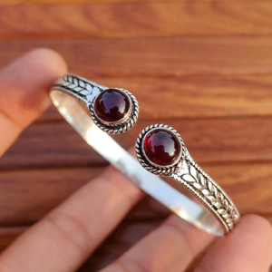Handcrafted Dual Garnet Gemstone Ethnic Bangle Vintage Oxidized Silver <b>Adjustable</b> Open Cuff <b>Bracelet</b> for Women - Product Image 3