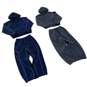 High Quality Contrast Color Stitch Unisex Tracksuit <b>String</b> Sweatpants and Zip up <b>Hoodie</b> Set Blank Cotton Customized Sweatsuit - Product Image 1
