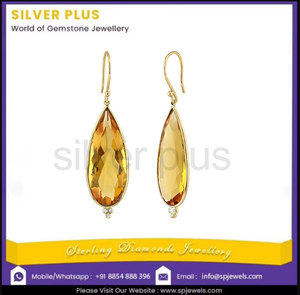 Boucles d'oreilles pendantes géométriques en or massif 18 carats faites à la main, avec citrine naturelle taille brillant et accents de diamants blancs, pour mariage et soirée - Product Image 2