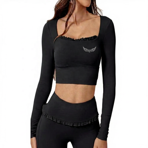 Women's Pink <b>Square</b> <b>Neck</b> <b>Long</b> <b>Sleeve</b> Crop <b>Top</b> With Ruffles And Embroidery Logo Yoga Fitness Wear - Product Image 4