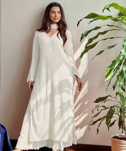 <b>White</b> Georgette Women's Regular Fit Regular Length Traditional Ethnic Wear Party Casual All Seasons Embroidery Work India - Product Image 1