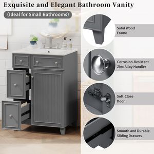 Mobile Bagno Grigio da 24 Pollici con Lavabo in Ceramica e 1 Anta Soft-Close, 2 Cassetti - Product Image 4