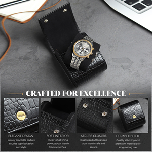 WRIZA Étui à montre simple en cuir véritable pour hommes et femmes |   Organisateur de montres de voyage avec doublure en daim doux, fermeture à pression, noir - Product Image 4