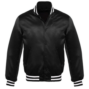 Unisex Classic Satin Varsity Bomber Jacket <b>Green</b> Blue Black Collection Striped Ribbed Trim Zipper Closure Sporty Stand Patchwork - Product Image 2