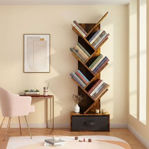 Libreria Alta e Stretta in Legno a 7 Ripiani con Cassetto, Scaffale Angolare da Terra per Soggiorno e Camera da Letto - Product Image 3