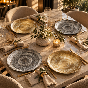 Ensemble de deux assiettes à dîner martelées Radiant, assiettes rondes texturées or et argent, vaisselle de luxe chic pour la table |   Services de vaisselle haut de gamme - Product Image 4