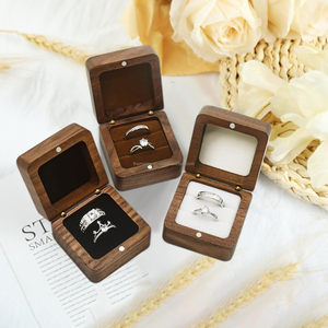 Caja de anillo de madera para ceremonia de boda 2 ranuras pequeña caja cuadrada Vintage para regalo. - Product Image 3