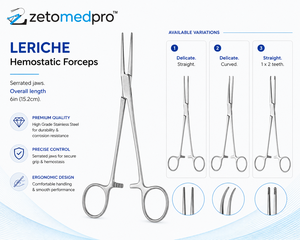 Pinzas Hemostáticas LERICHE con Mordazas Serradas de 6 pulgadas (15.2 cm), Delicadas, Rectas o Curvas, con 1x2 Dientes, ZETOMEDPRO - Product Image 2