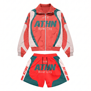 280 GSM Premium Polyester Windbreaker Short Set Coral White Teal Panel Design Windbreaker Shorts for Men - Product Image 1