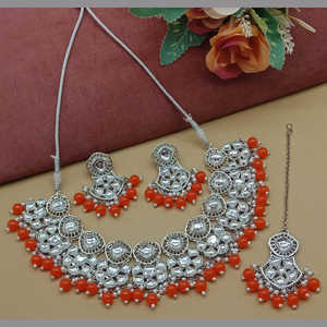 Exquisito conjunto de collar de cuentas y piedra Kundan chapada en plata 10581275OR colección de joyería fina - Product Image 1