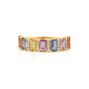 Magnifiques produits les plus vendus : Bague demi-éternité en or jaune véritable K14 avec saphirs multicolores et diamants, bijoux pierres de naissance - Product Image 1