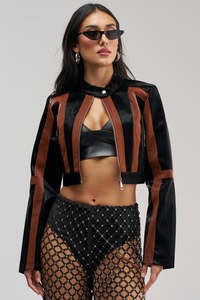 Splendid Apparel Women's Color Blocked PU Leather <b>Bomber</b> <b>Jacket</b> Full Sleeve Stand Collar Zipper Closure Cropped Biker Style - Product Image 6