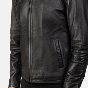 Veste moto en cuir véritable pour homme, col montant, fermeture éclair, coupe ajustée, longueur standard, style automne - Product Image 6