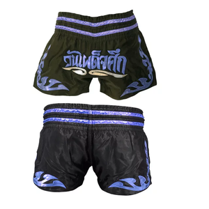 Shorts de Muay Thai pour hommes, en satin noir, motif tendance, taille mi-haute, élastique, séchage rapide, écologiques, en Spandex/Polyester - Product Image 2