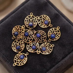 Natural <b>Lapis</b> <b>Lazuli</b> Brass <b>Pendant</b> Charm, Floral Filigree Jewelry Making Component - Product Image 3