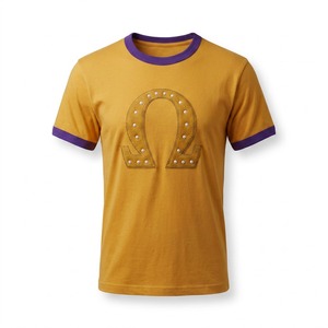 T-shirt doré pour homme, manches courtes, col rond, broderie lettre Omega, bordure contrastante, coupe décontractée, 100 % coton jersey - Product Image 1