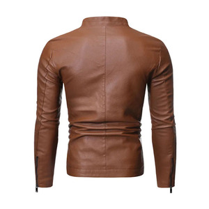 Veste moto en cuir véritable pour homme, col rabattu, fermeture éclair, couleur unie, poches, style automne, coupe classique - Product Image 4