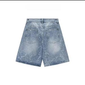 Men's Mid Waist Washed Denim Shorts Front Vintage Style Solid Pattern Spandex <b>Fabric</b> Drawstring Closure <b>Rhinestone</b> Decoration - Product Image 2