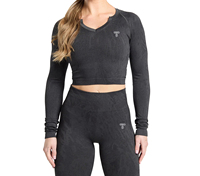 Conjunto Deportivo Ecológico y Transpirable para Mujer, Top Corto de Manga Larga con Cuello Redondo y Orificios para Pulgares, Corte Regular, Spandex/Poliéster de Secado Rápido