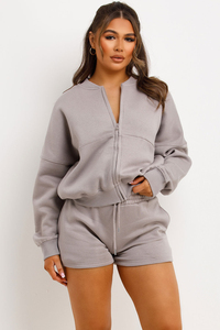 Conjunto Deportivo de 2 Piezas para Mujer, Color Gris, Sudadera Corta con Cremallera, Pantalones Cortos, Manga Larga, Estilo Casual para Primavera, Color Sólido, Bolsillos Laterales - Product Image 5