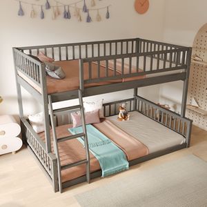 Letto a Castello XL Grigio con Scala e Sponde di Sicurezza per Bambini, Dimensioni Queen - Product Image 1