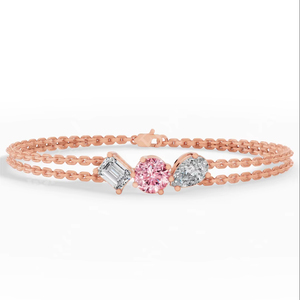 Bracelet double rang en or 14 carats avec trois diamants de laboratoire roses clairs ronds, taillés en poire et en émeraude, bijoux de luxe raffinés - Product Image 1